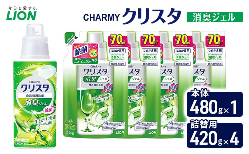 CHARMYクリスタ 消臭ジェル 本体480g×1 つめかえ用420g×4 食洗機専用洗剤 ライオン セット 日用品 消耗品 食洗器 食器洗い ジェル 除菌 消臭 本体 詰替え