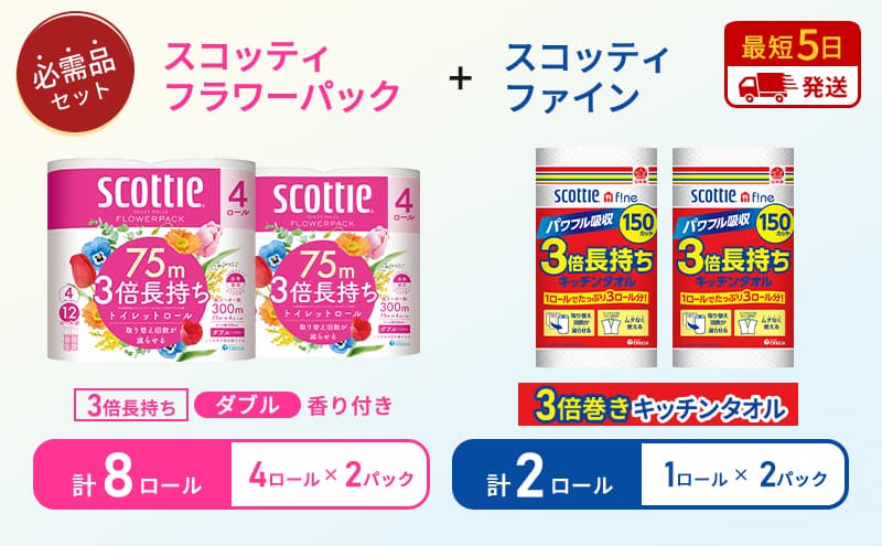 【岩沼市オリジナル】キッチンペーパー 2パック入 スコッティ ファイン 1ロール 3倍 150カット トイレットペーパー ダブル 3倍 長持ち 4ロール入×2パック スコッティ フラワーパック 香り付き 長持ち 防災 災害 日用品 生活用品 生活必需品