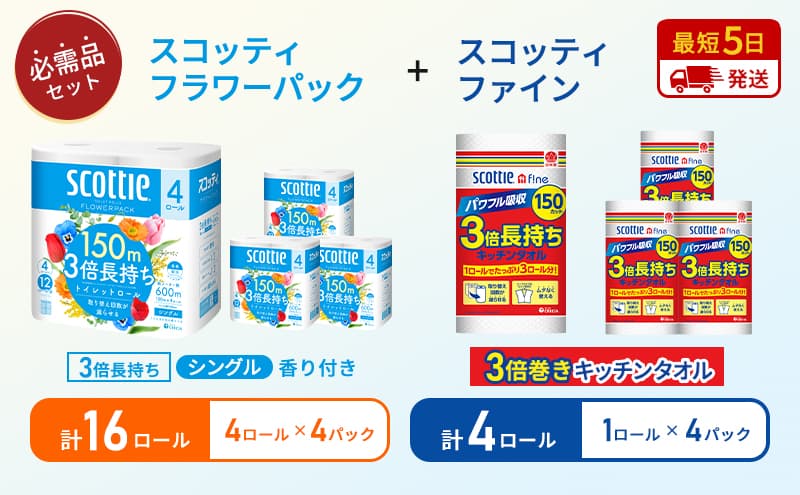 【岩沼市オリジナル】キッチンペーパー 4パック入 スコッティ ファイン 1ロール 3倍 150カット トイレットペーパー シングル フラワーパック 3倍長持ち 16ロール (4ロール×4パック) 香り付き 長持ち 防災 災害 日用品 生活用品 生活必需品