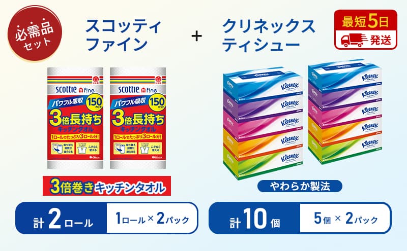 【岩沼市オリジナル】ティッシュ クリネックス ティシュー 5箱入×2パック キッチンペーパー 2パック入 キッチンタオル スコッティ ファイン 1 ロール 3倍 150カット 長持ち 防災 災害 日用品 生活用品 生活必需品